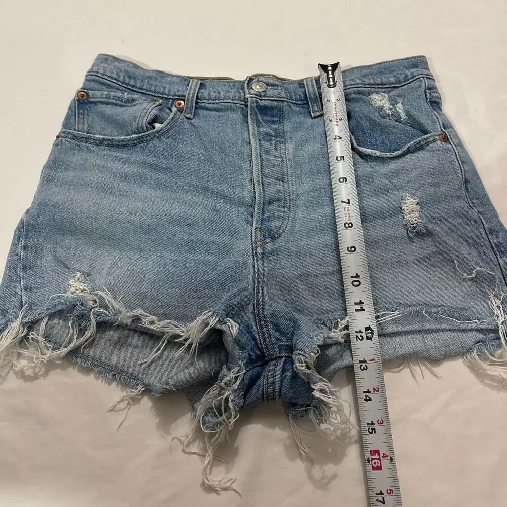 Levis Women’s 31 Ribcage Straight Denim Shorts High Rise Cutoff Raw Hem Blue